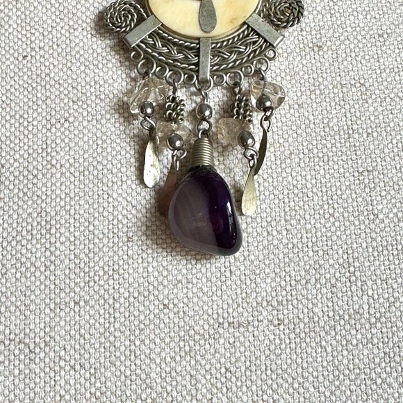 Peruvian Bamboo Necklace With Amethyst Dangle Pendant & Handcrafted - Picture 7 of 10
